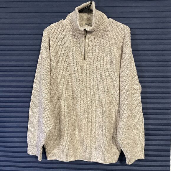 VTG Eddie Bauer Sweater Pullover Mens Med. Beige Fleece 1/4 Zip Turtleneck Neck - Picture 1 of 3